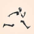 Young caucasian man running isolated on studio background. One male runner or jogger. Healthy lifestyle, movement, action, motion, advertising and sports concept. Abstract design.