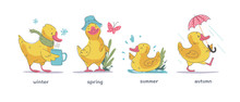 Vector Set Of Cute Little Yellow Baby Duck Character Walking, Swimming, Smiling Isolated On White Background In Different Seasons. Hand Drawn Style. For Baby Calendar, Baby Shower Card, Print, Sticker