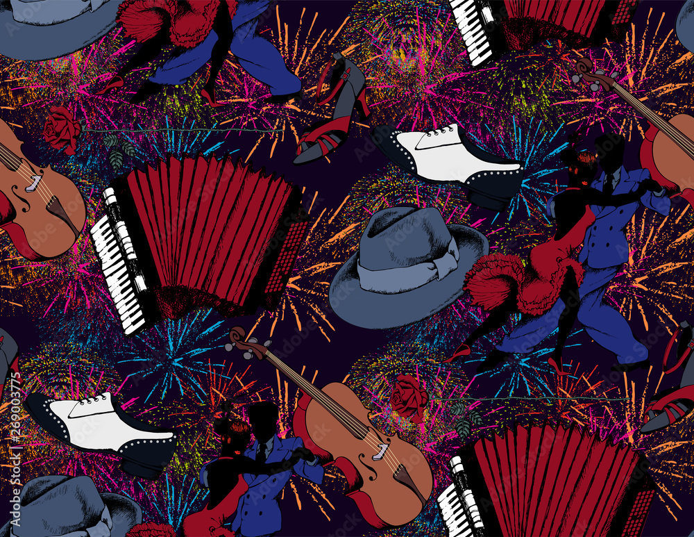 Seamless pattern. Holidays and fireworks, couple dancing tango and musicians - obrazy, fototapety, plakaty 