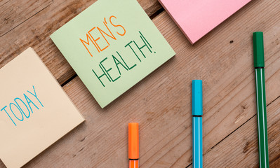 Text sign showing Men S Health. Business photo showcasing state of complete physical mental and social well being by analysis Note papers and stationary placed sideways on top of softhued backdrop