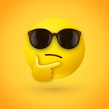Thinking Face Emoji With Sunglasses - Emoticon Face Shown With A Single Finger And Thumb Resting On The Chin Wearing Hipster Sunglasses On Yellow Background