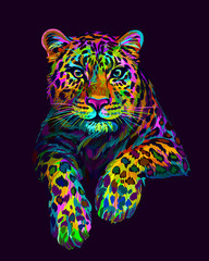 Wall Mural - abstract, graphic, colorful in neon colors artistic portrait of a leopard on a dark purple backgroun