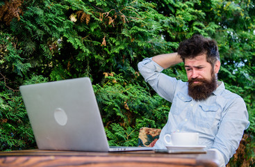 Man looking for inspiration. Find topic write. Reporter journalist daily routine. Working online. Online mass media worker. Write article for online magazine. Bearded hipster laptop surfing internet