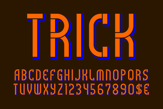 Trick letters and numbers with currency signs. Orange blue stencil font. Isolated english alphabet.