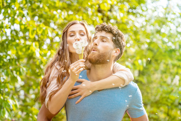 Woman and man on a meadow in romantic mood