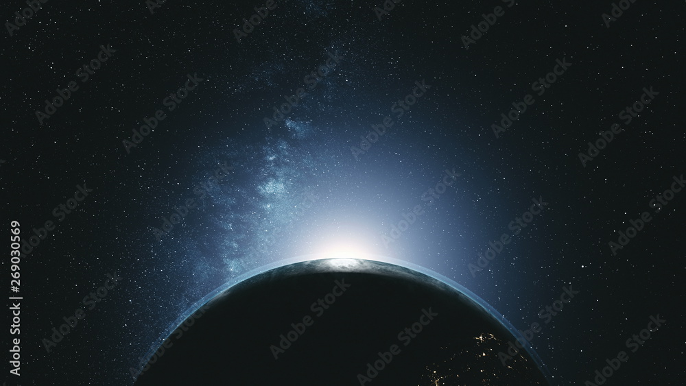 Majestic Rotate Earth Orbit Sunlight Glow Galaxy. Cosmos Interstellar Nebula Star Radiance Spin Planet Close up Satellite View Outer Space 3D Animation - obrazy, fototapety, plakaty 