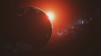 Wall Mural - planet earth motion sunlight illuminate open space. red sunlight radiance cosmic nebula satellite vi