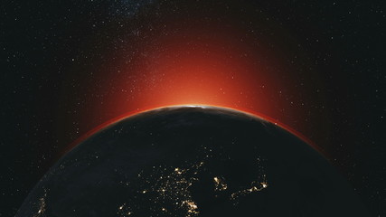 Wall Mural - planet earth orbit zoom in red sunlight radiance. celestial navigation starry galaxy background sola