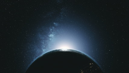 majestic rotate earth orbit sunlight glow galaxy. cosmos interstellar nebula star radiance spin plan