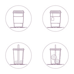 Vector set of beverage icons. Take away drinks: coffee, tea, bubble tea, lemonade. Line icon in circle. Isolated on white background.