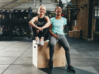 Wall Mural - Two young women laughing after working out at the gym