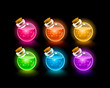 Magic Flasks color set, dark background. Vector