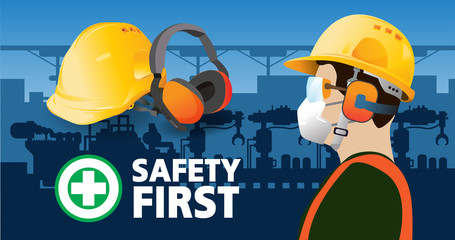 Hearing Protectors safety first,Factory Worker, vector design