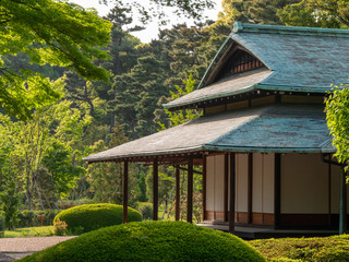 Traditional Japanese house in spring season with the in the middle of the green park with forest and flowers