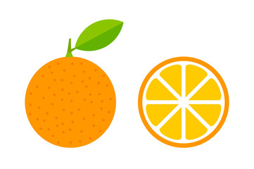 Wall Mural - Orange fruit with leaf and slice icons.