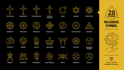 Religious symbol yellow outline icon set on a black background with christian cross, islam crescent and star, judaism star of david, hinduism aum letter editable stroke line sign.