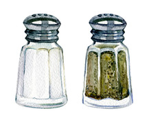Salt And Pepper Shaker Isolated On White Background, Watercolor Illustration