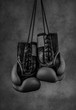  black boxing gloves hanging on the wall, close-up.