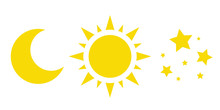 Sun, Moon And Stars, A Collection Of Vector Icons. Yellow Weather Symbols