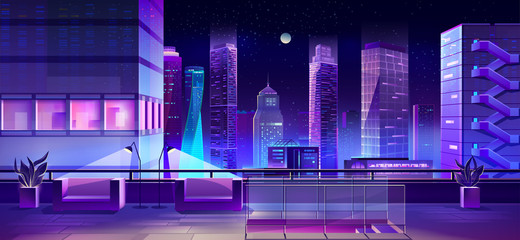 Wall Mural - Modern city megapolis at night. Illuminated cityscape view from skyscraper roof with recreation zone with couches and lamps. Glowing neon buildings architecture background. Cartoon vector illustration