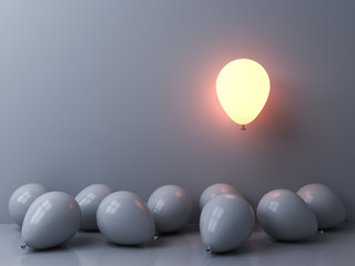 Fototapete - Stand out from the crowd and different concepts One light balloon glowing and floating above other white balloons on white wall background with window reflections and shadows 3D rendering