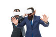 © be free - virtual reality. Partnership. mature men with beard in suit. modern technology in agile business. businessmen wear VR glasses. Try the new world of virtual reality. Digital future and innovation