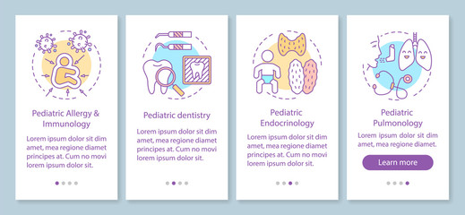 Pediatric services onboarding mobile app page screen with linear concepts