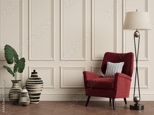 Fotografía Classic interior with armchair and floor lamp. Warm colors