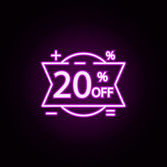 Poster - sticker tag 20 neon icon. Elements of discount tag set. Simple icon for websites, web design, mobile app, info graphics