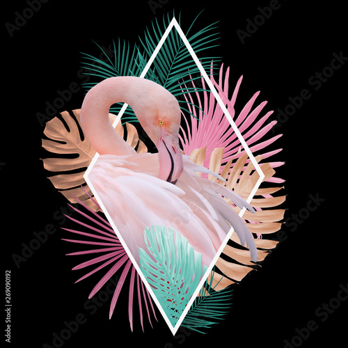 Fotografía Tropical leaves flamingo design in light pink, golden, turquoise on black, can b
