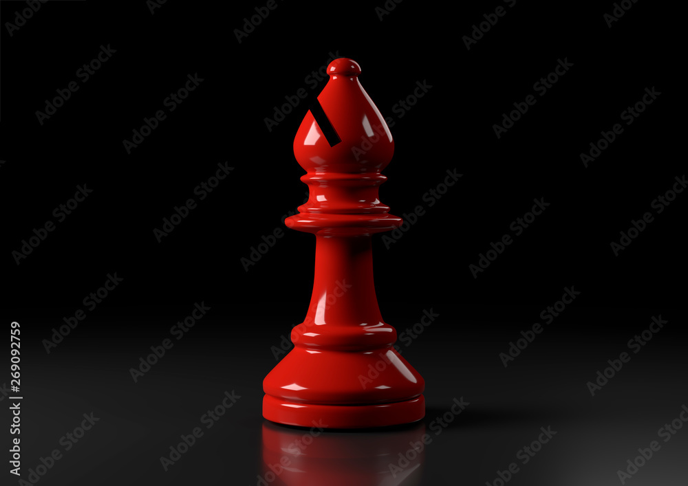 Red bishop chess, standing against black background. Elephant сhess game figurine. leader success business concept. Chess pieces. Board games. Strategy games. 3d illustration, 3d rendering - obrazy, fototapety, plakaty 