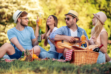 Poster - Group of friends on picnic with guitar