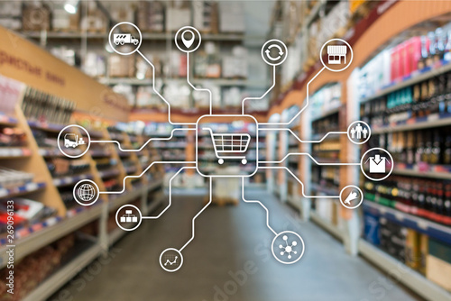 Fotomural Retail marketing channels E-commerce Shopping automation concept on blurred supermarket background