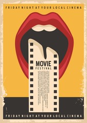 Wall Mural - Movie festival poster design template with open mouth and film strip. Vector conceptual illustration.