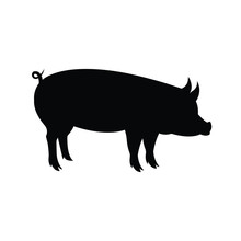 Vector Flat Black Silhouette Of A Pig Isolated On White Background