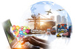 © Travel mania - Social, media, Marketing and Internet of things (IOT) concept, Global business of Container Cargo freight train for Business logistics and Air cargo trucking, Rail transportation and maritime shipping