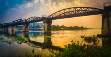 The Bridge On The River Kwai At Sunrise. Railway In Kanchanaburi, Thailand. Panorama