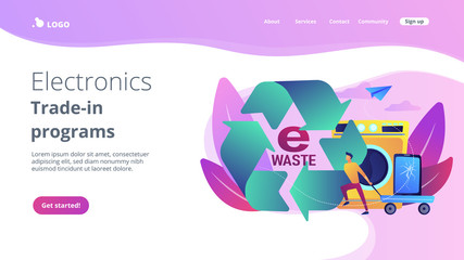 Businessman taking old smartphone in cart to electronic waste recycling. E-waste reduction, electronics trade-in programs, gadgets recycling concept.Website vibrant violet landing web page template.