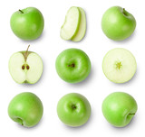 set of green apples isolated on white background. Top view.