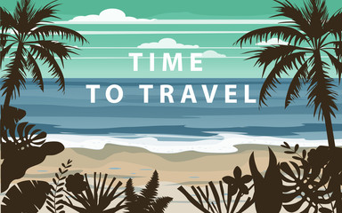 Wall Mural - Time to travel Summer holidays vacation seascape landscape seascape ocean sea beach, coast, palm leaves