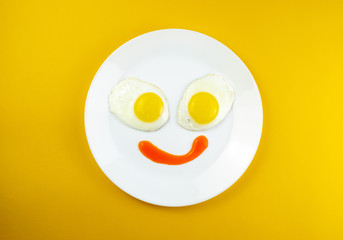 traditional breakfast of two fried eggs. Fun face from food. Plate with eggs on a yellow background. Concept image of breakfast, healthy eating.