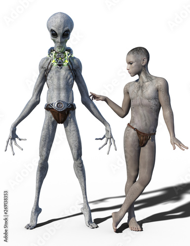 Fotografía 3d render of two grey aliens isolated on white
