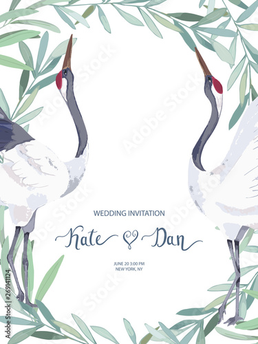 Frame with couple cranes and eucalyptus branches. Cute print for invitation, ...