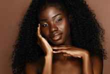 Beautiful Skin Care Models With Perfect Dark Skin And Curly Hair. African Beauty, Spa Treatment Concept.