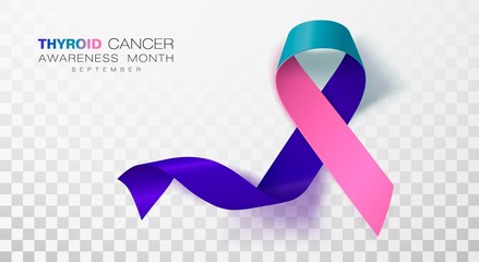 Thyroid Cancer Awareness Month. Teal and Pink and Blue Color Ribbon Isolated On Transparent Background. Vector Design Template For Poster.