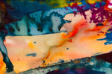 Colorful abstraction, fragment, hot batik, handmade abstract surrealism art on silk, background texture