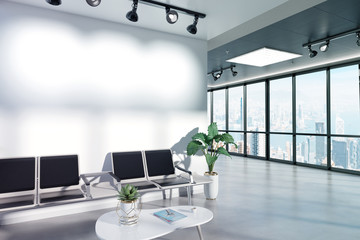 Poster - Blank wall in waiting room mockup with large windows and sun passing through 3D rendering