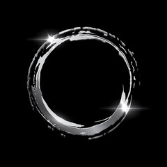 Poster - silver frame made on brush stroke ring isolated on black background. vector design element.