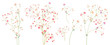 Twigs of gypsophile paniculata. Pink, white, red tiny flowers, buds, green leaves. Delicate ramules for bouquets. Panoramic view, botanical illustration in watercolor style, horizontal pattern, vector