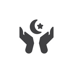 Two hands with islamic moon and star vector icon. filled flat sign for mobile concept and web design. Praying hands glyph icon. Symbol, logo illustration. Vector graphics